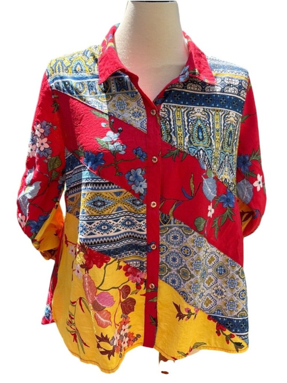 Patchwork Floral Button-Up Shirt PXL Red Yellow Blue Boho Chic Lightweight